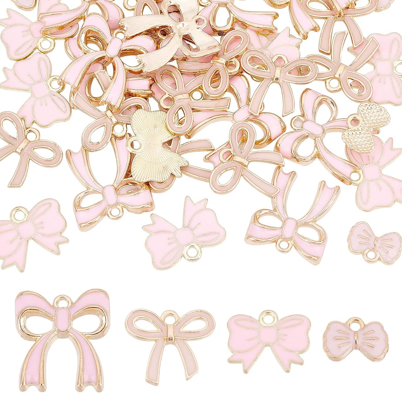 1 Box 4 Style Romantic Charm Enamel Flat Bowknot Charms Pink Bow Tie Kawaii Dangle Pendants Bulk for Women Jewelry Making Earrings Necklace Bracelets Valentine's Day DIY Craft Supplies